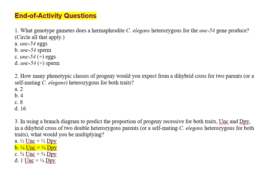 Solved 1. What genotype gametes does a hermaphrodite C.