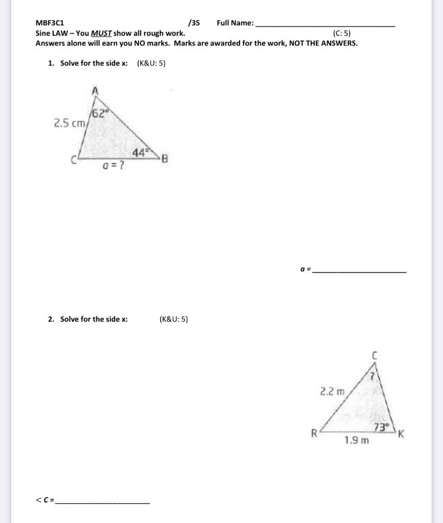 Solved MBF3C1 /35 Full Name: Sine LAW - You MUST show all | Chegg.com