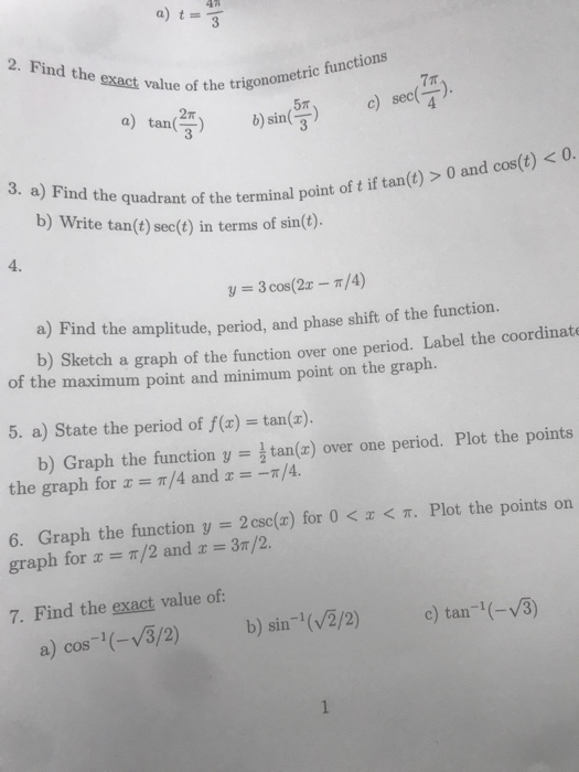 Solved 4 71 2. Find The Of The Trigonometric Functions 27 | Chegg.com