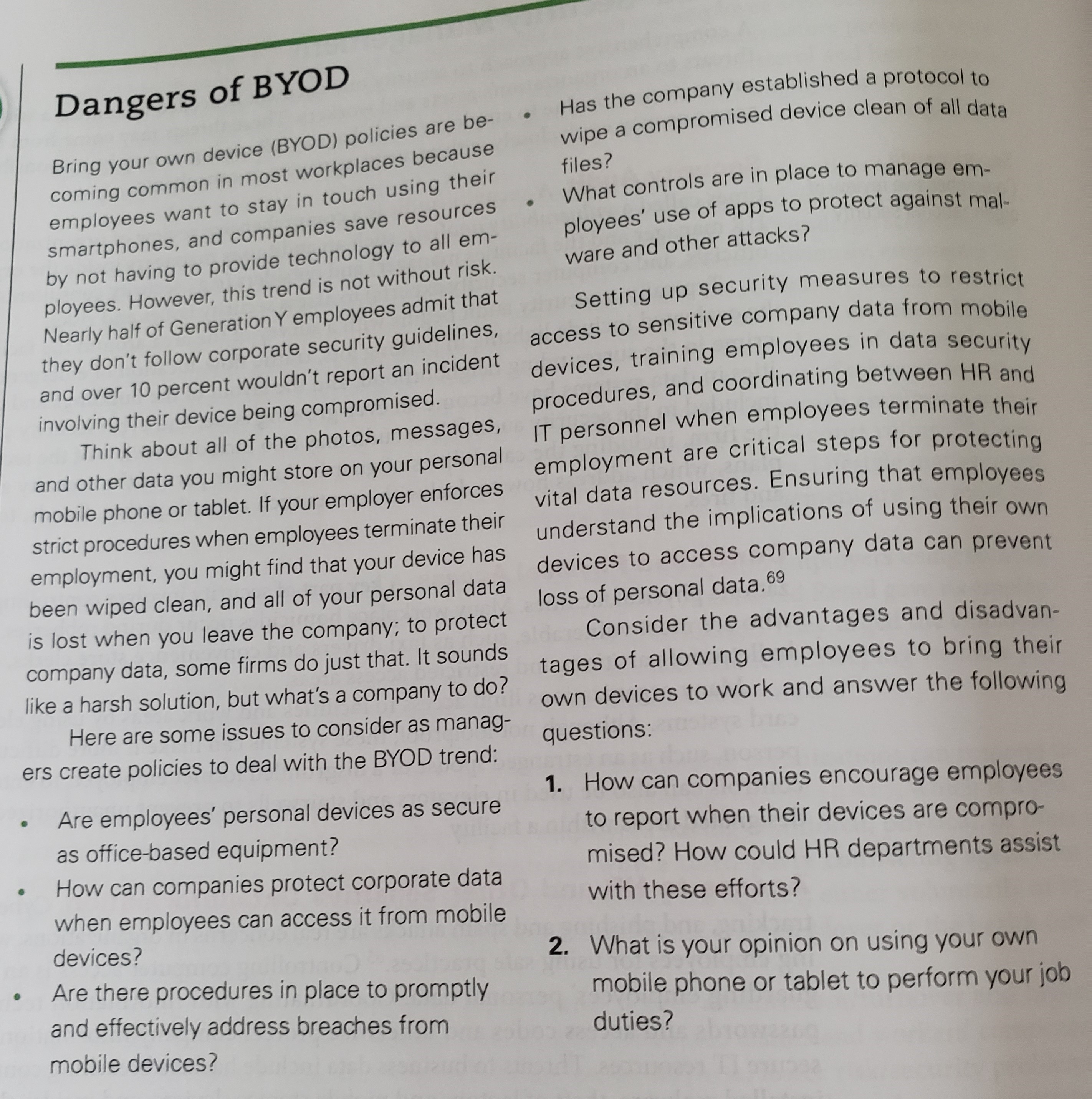 Solved Dangers of BYOD Bring your own device (BYOD) policies | Chegg.com