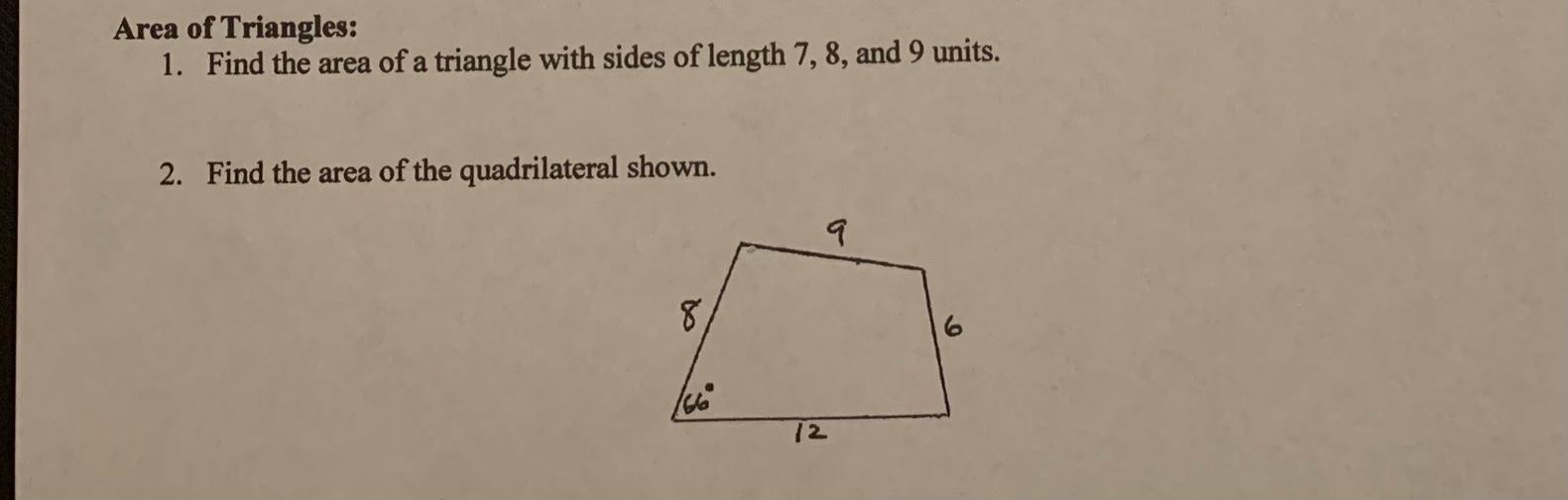 Solved Area of Triangles: 1. Find the area of a triangle | Chegg.com