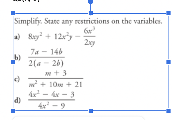 Solved Simplify. State any restrictions on the variables. a) | Chegg.com