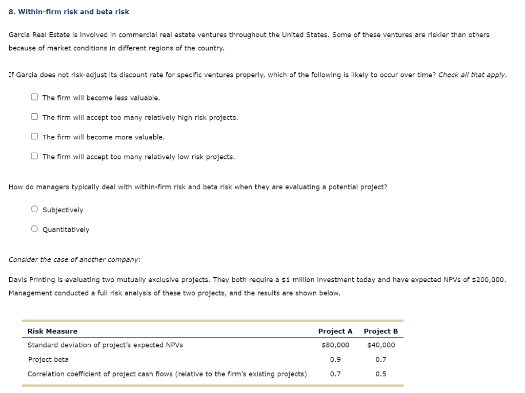 Solved 8. Within-firm Risk And Beta Risk Garcia Real Estate | Chegg.com