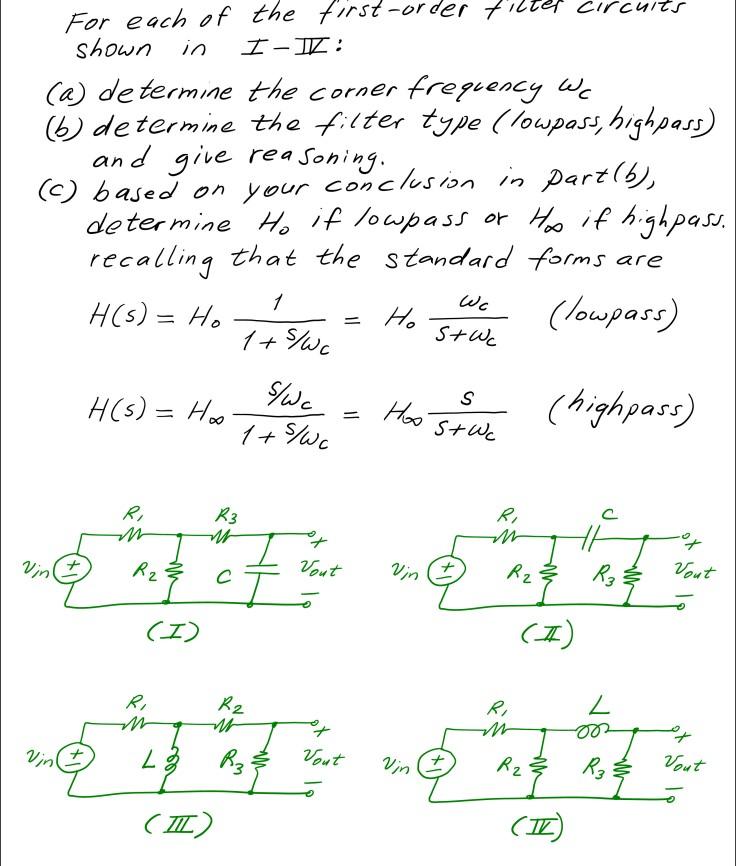 For each of the first-order ficter circuits shown in I-IV:
(a) determine the corner frequency \( \omega_{c} \)
(b) determine 