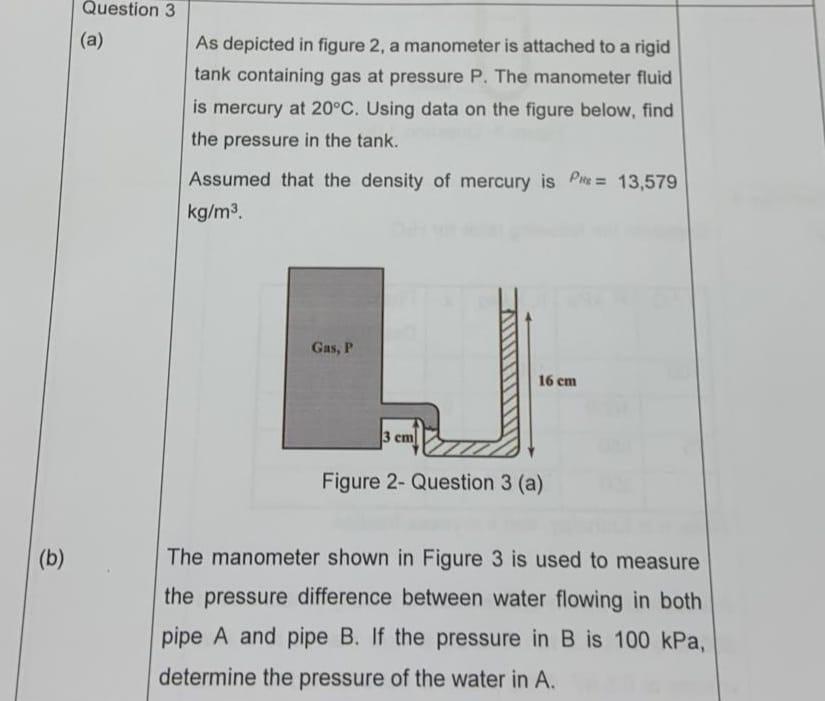 Solved Question 3 (a) As depicted in figure 2, a manometer | Chegg.com