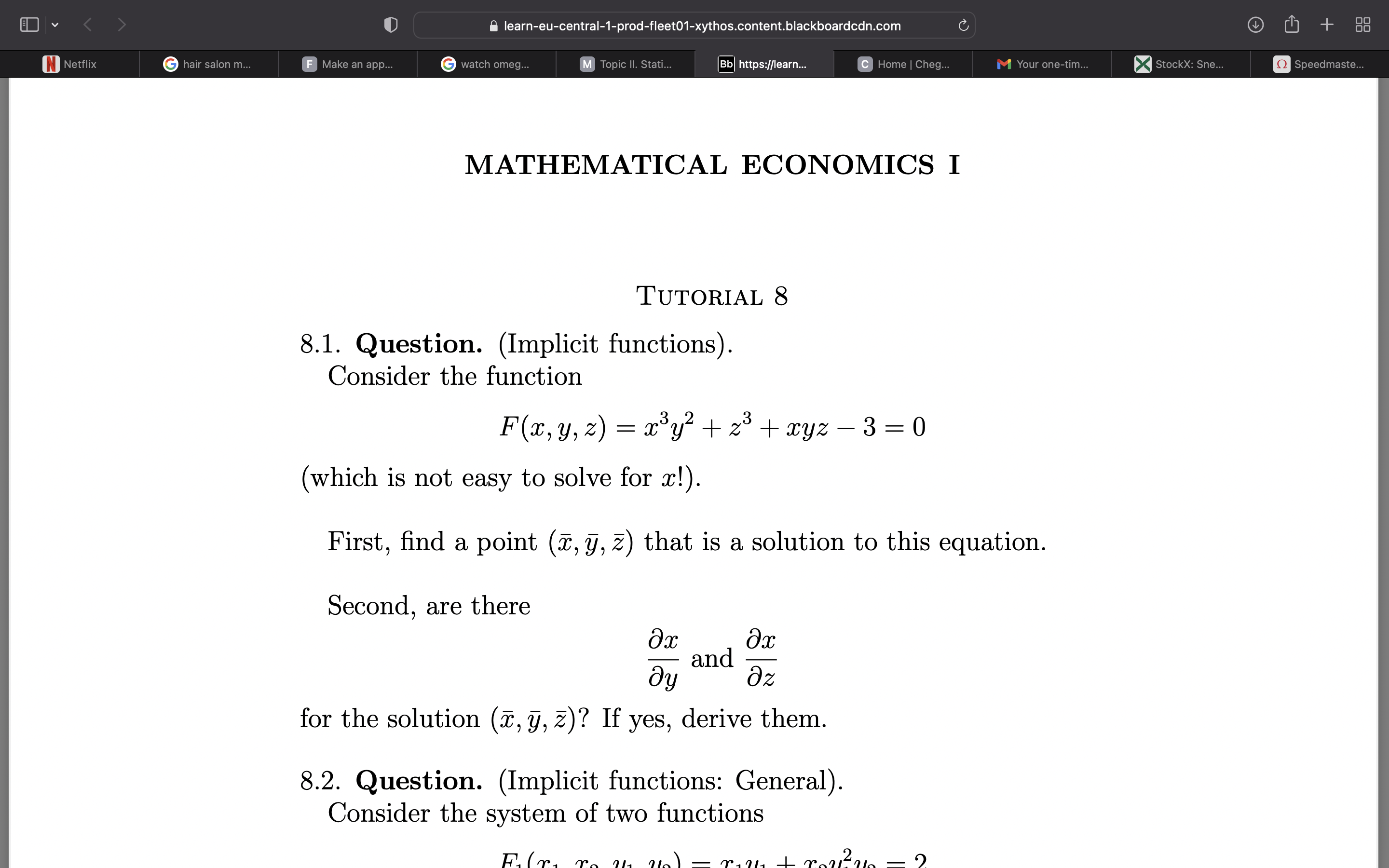 Solved 8.1. Question. (Implicit functions). Consider the | Chegg.com