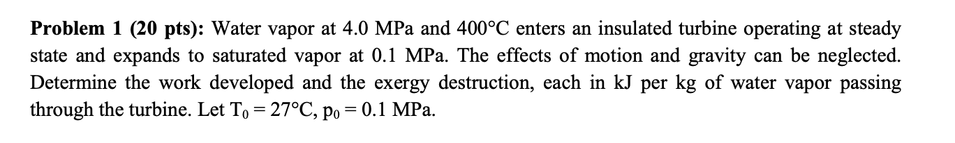 Solved Problem 1 (20 pts): Water vapor at 4.0 MPa and 400°C | Chegg.com