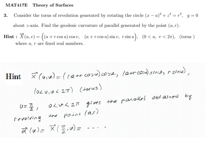 Mat417e Theory Of Surfaces 3 Consider The Torus Of Chegg Com