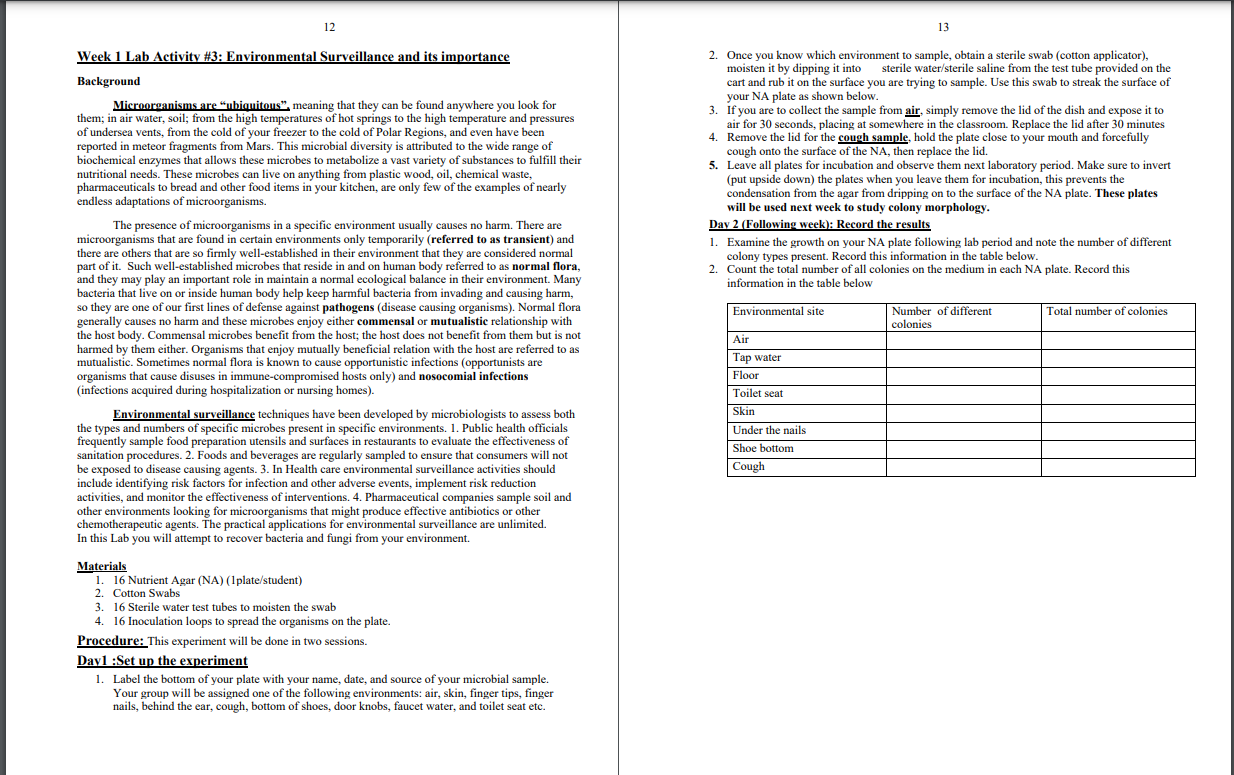 Week 1 Lab Activitv #3: Environmental Surveillance and its importance
2. Once you know which environment to sample, obtain a 