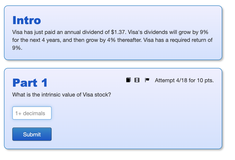 Solved Intro Visa has just paid an annual dividend of 1.37.