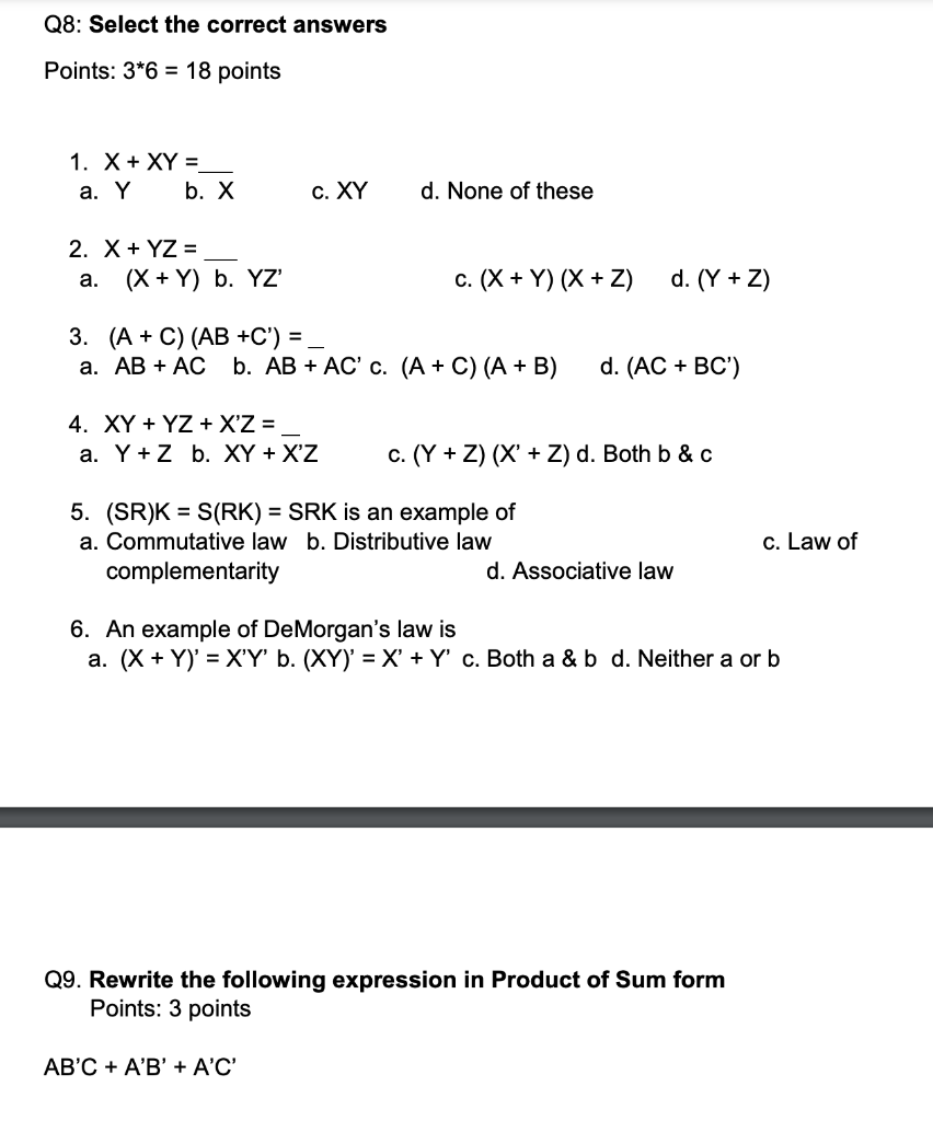 Solved Q8: Select The Correct Answers Points: 3*6 = 18 | Chegg.com