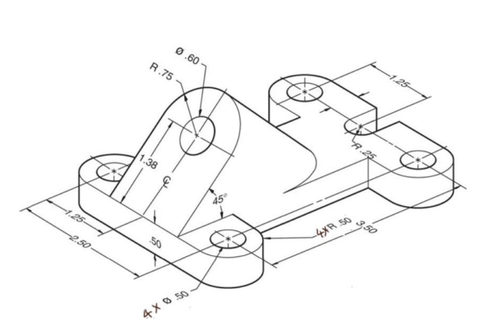 Solved 0.60 R.75 1.38 بنا 45° -1.25 -2.50 50 -4XR 50 4X 650 | Chegg.com