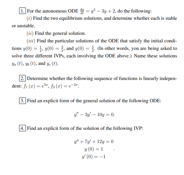 Solved 1. For the autonomous ODE = y2 – 3y + 2, do the | Chegg.com