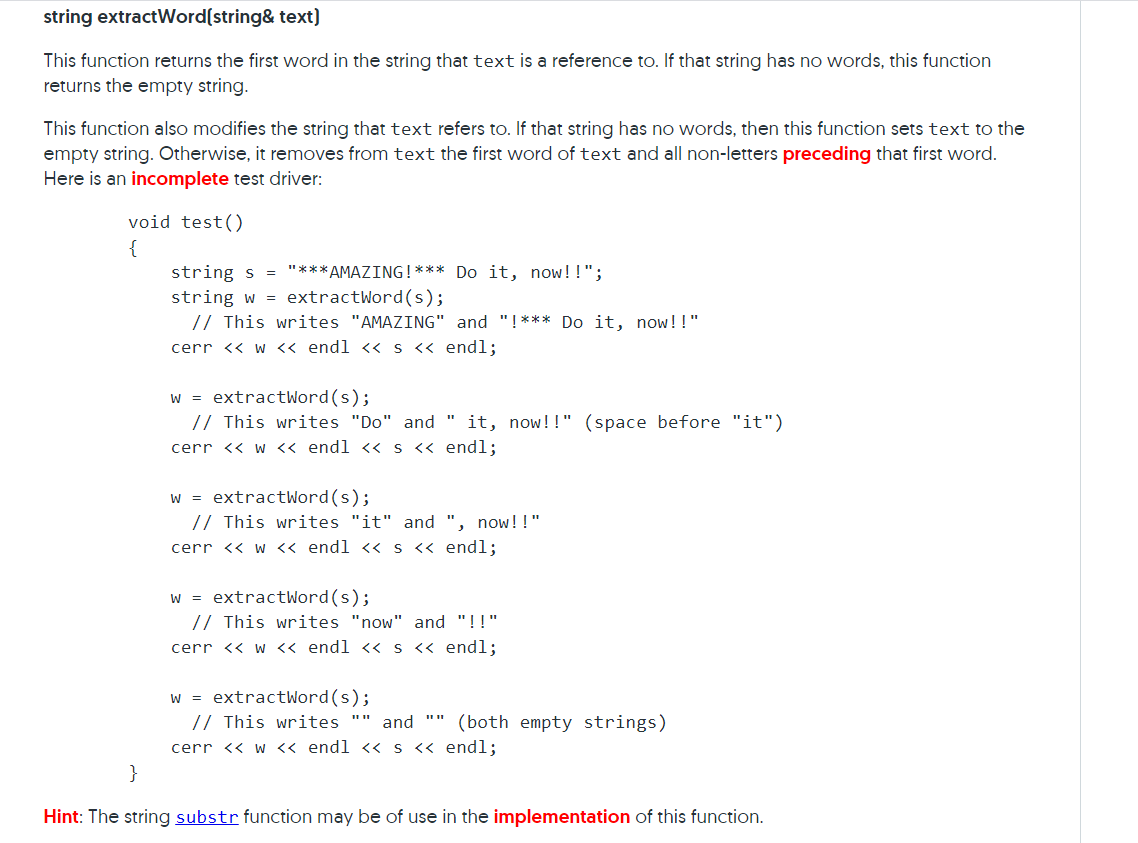 Solved string extractWord(string& text) This function | Chegg.com