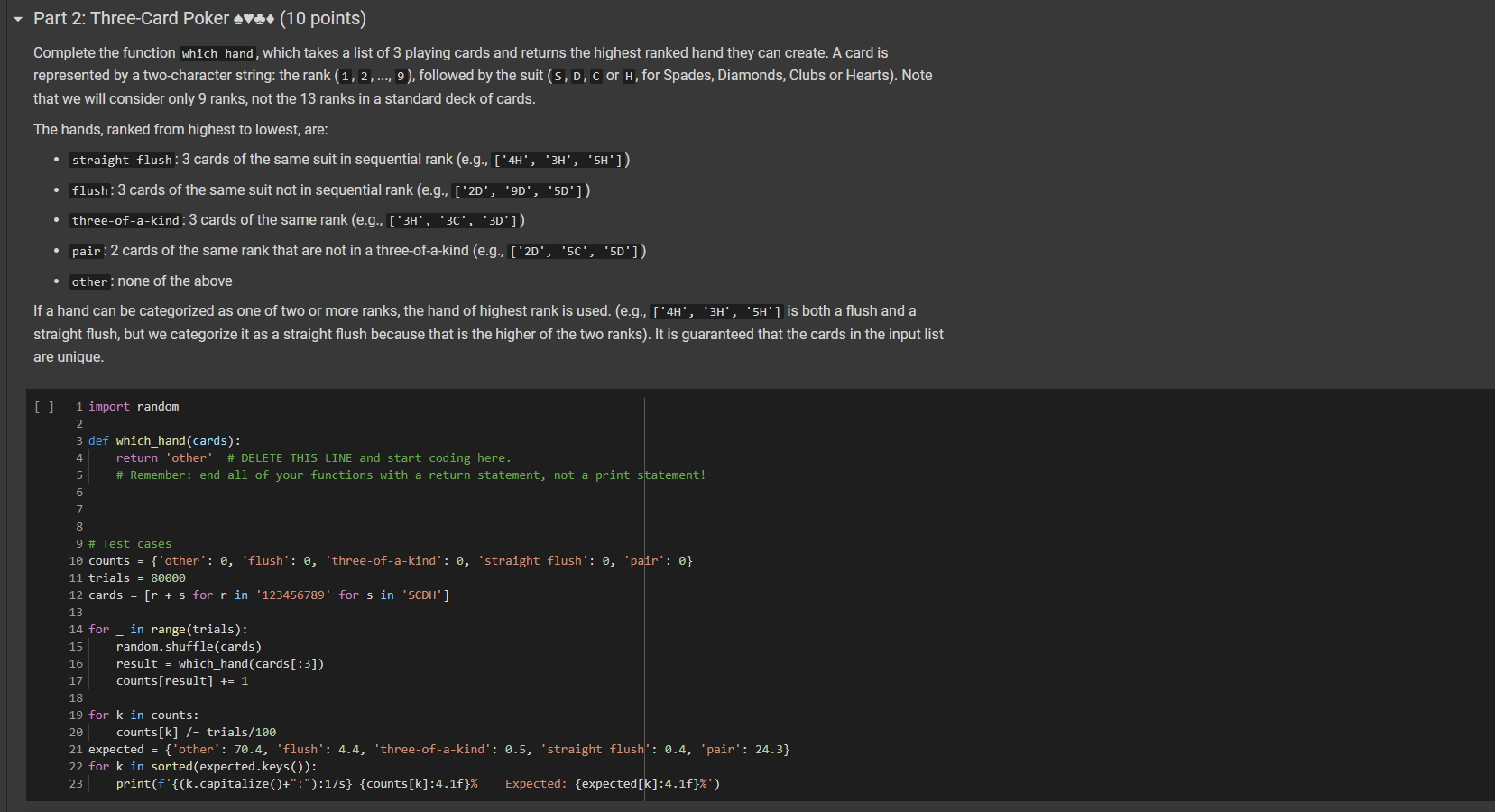 Solved Part 2: Three-Card Poker 4V** (10 points) Complete | Chegg.com