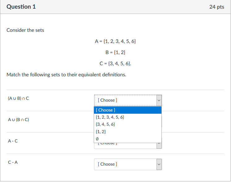 Solved Question 1 24 pts Consider the sets A = {1, 2, 3, 4, | Chegg.com