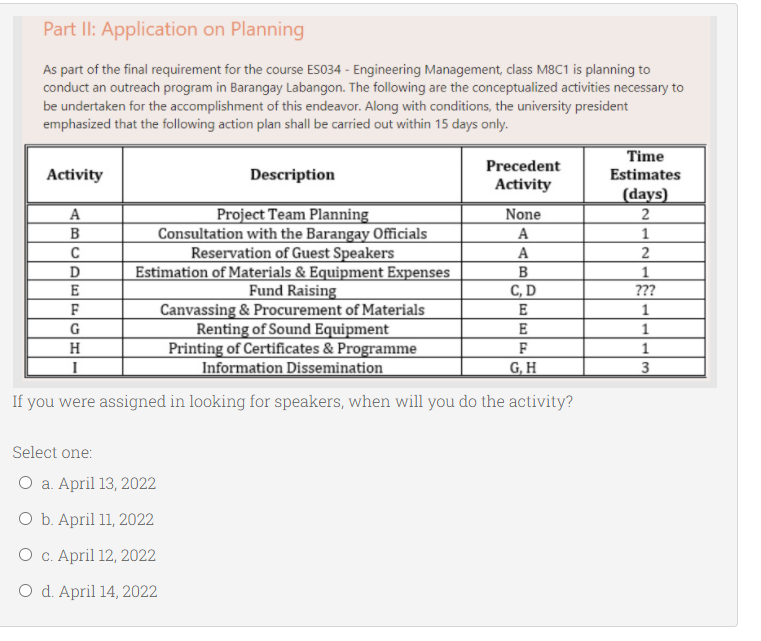 Solved Part II: Application on Planning As part of the final | Chegg.com