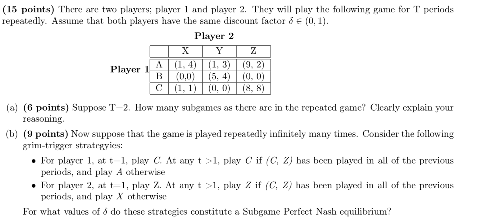 Solved (15 points) There are two players; player 1 and | Chegg.com