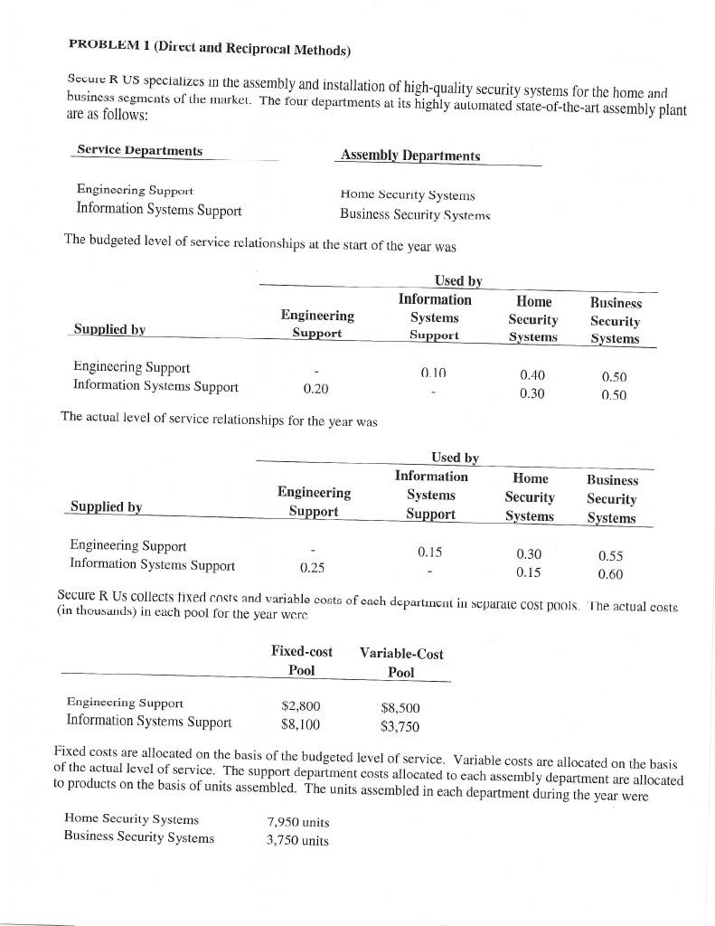 PROBLEM 1 (Direct and Reciprocal Methods) Secure R US | Chegg.com