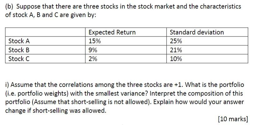 Solved (b) Suppose That There Are Three Stocks In The Stock | Chegg.com