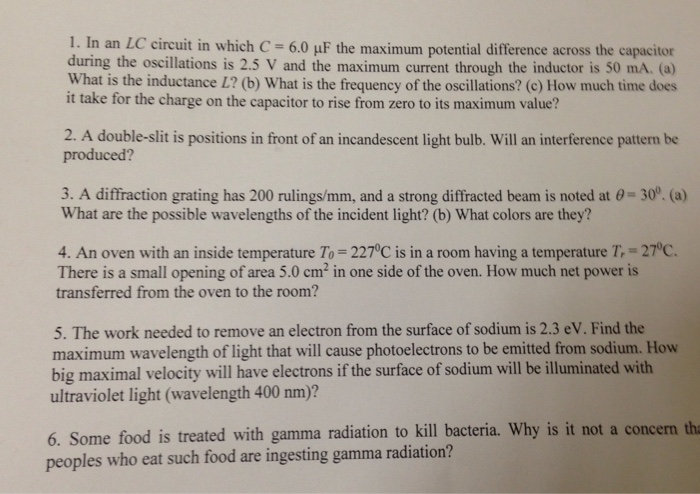 Solved I. In an LC circuit in which C = 6.0 μF the maximum | Chegg.com
