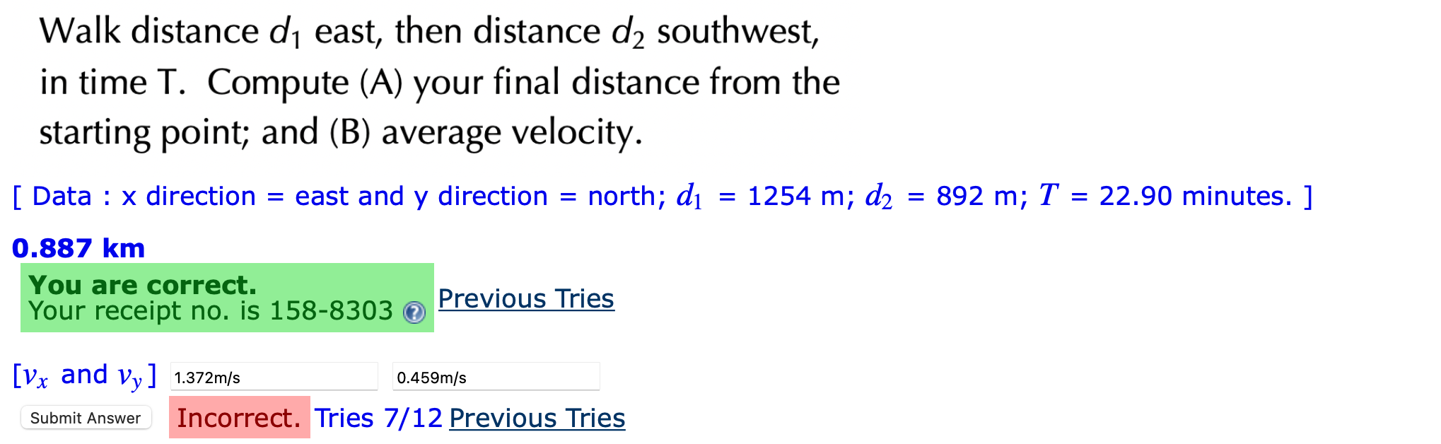 Solved Walk distance d, east, then distance d2 southwest, in | Chegg.com