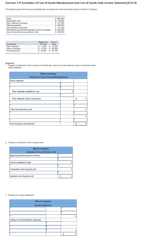 Solved Exercise 2-11 Schedules Of Cost Of Goods Manufactured 