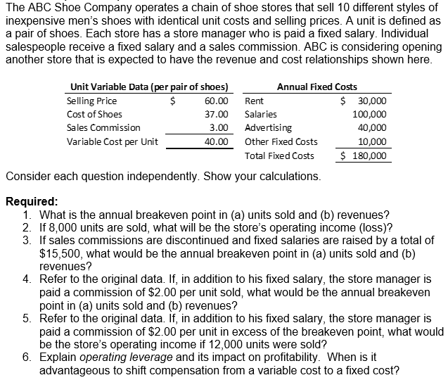 Solved The ABC Shoe Company operates a chain of shoe stores | Chegg.com