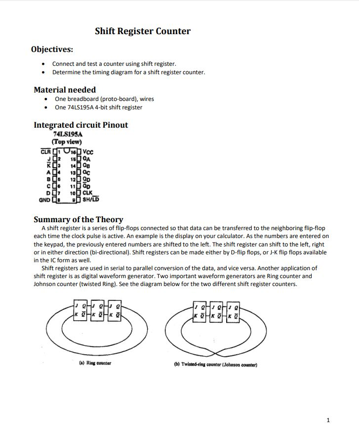 Solved Shift Register Counter Objectives: Connect and test | Chegg.com