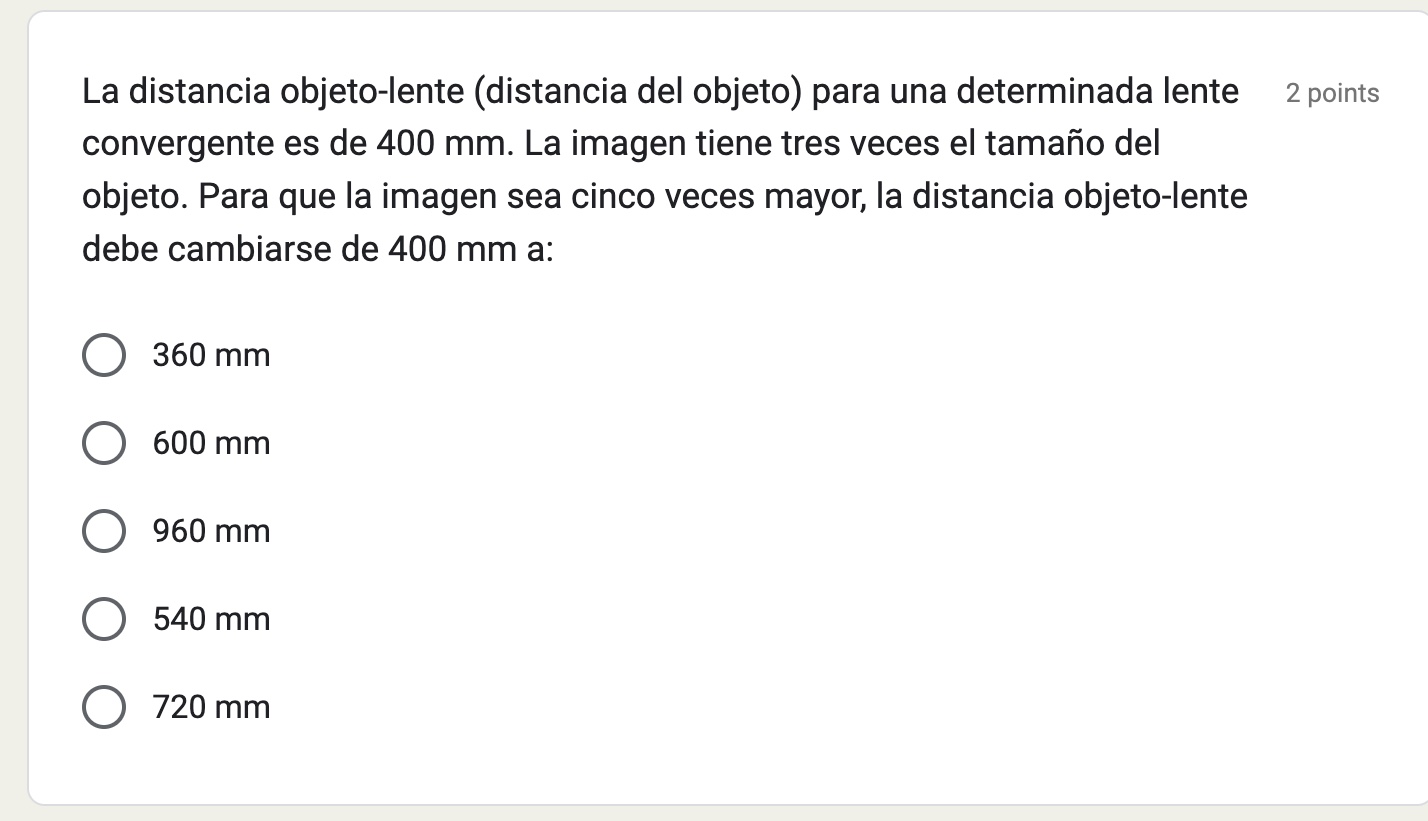 La distancia objeto-lente (distancia del objeto) para una determinada lente convergente es de \( 400 \mathrm{~mm} \). La imag