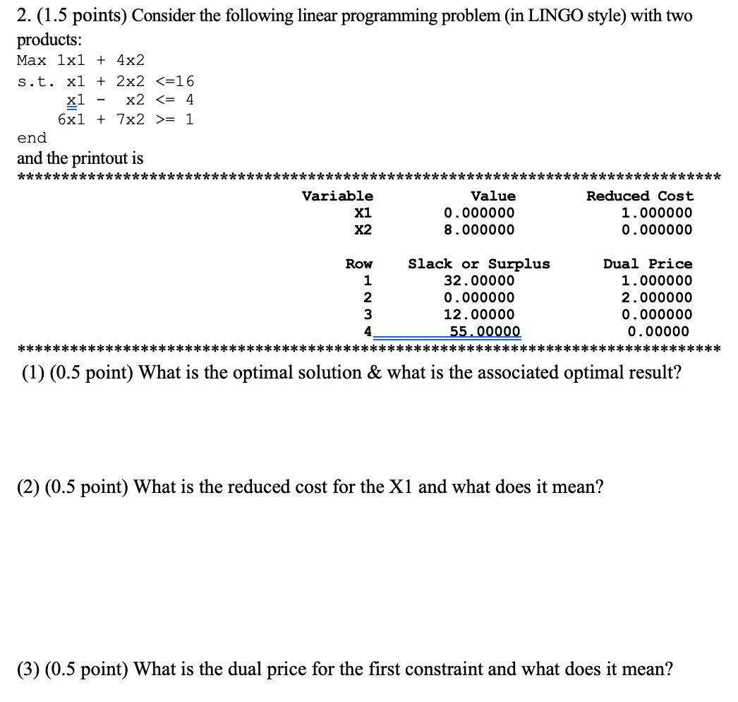 Solved 2. (1.5 points) Consider the following linear | Chegg.com