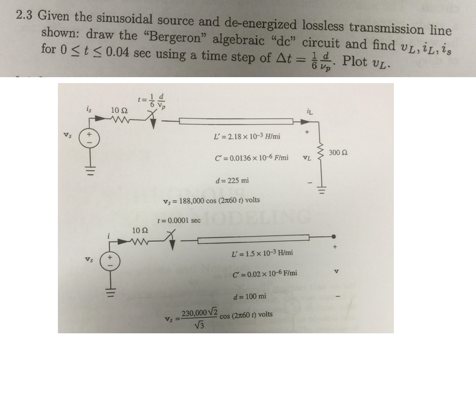 Given the sinusoidal source and de-energized lossless transmission line shown: draw the Bergeron algebraic dc circuit and