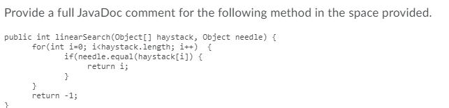 Solved Provide a full JavaDoc comment for the following | Chegg.com