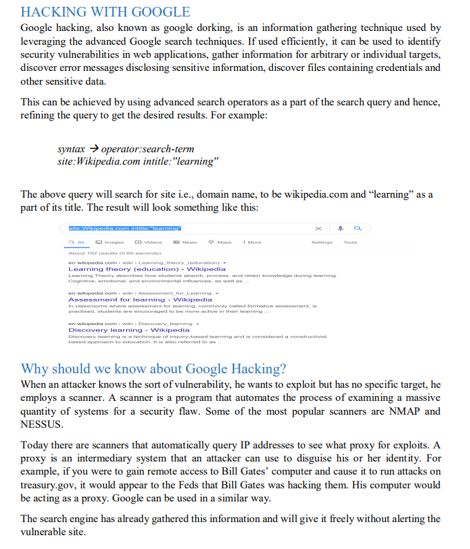 Solved HACKING WITH GOOGLE Google hacking, also known as | Chegg.com