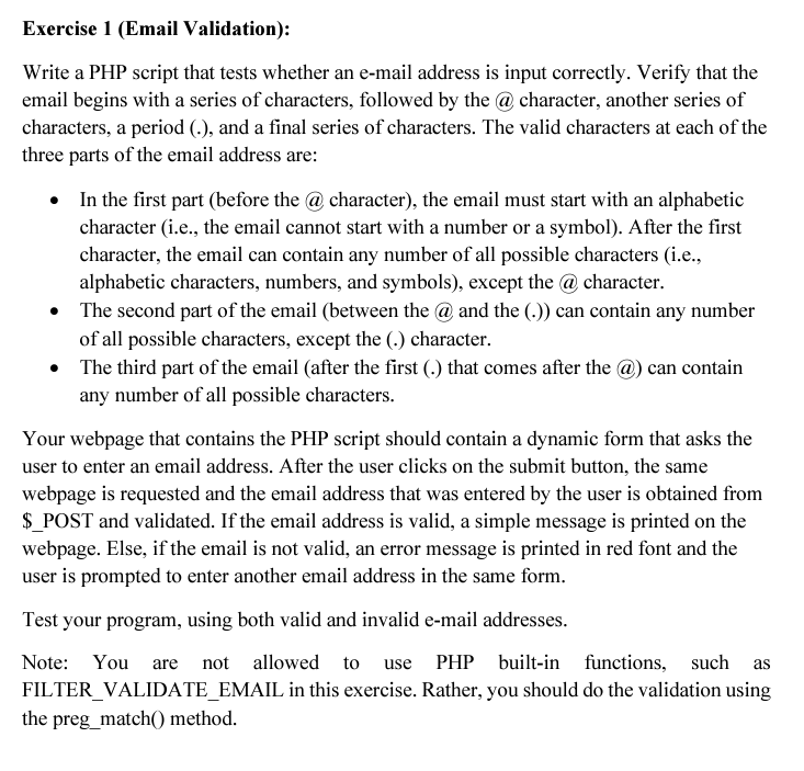 Solved Exercise 1 (Email Validation): Write A PHP Script | Chegg.com
