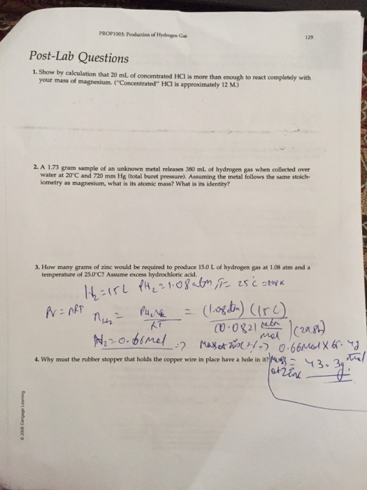 Solved PROP1003 Production of Hydrogen Gas 129 PostLab