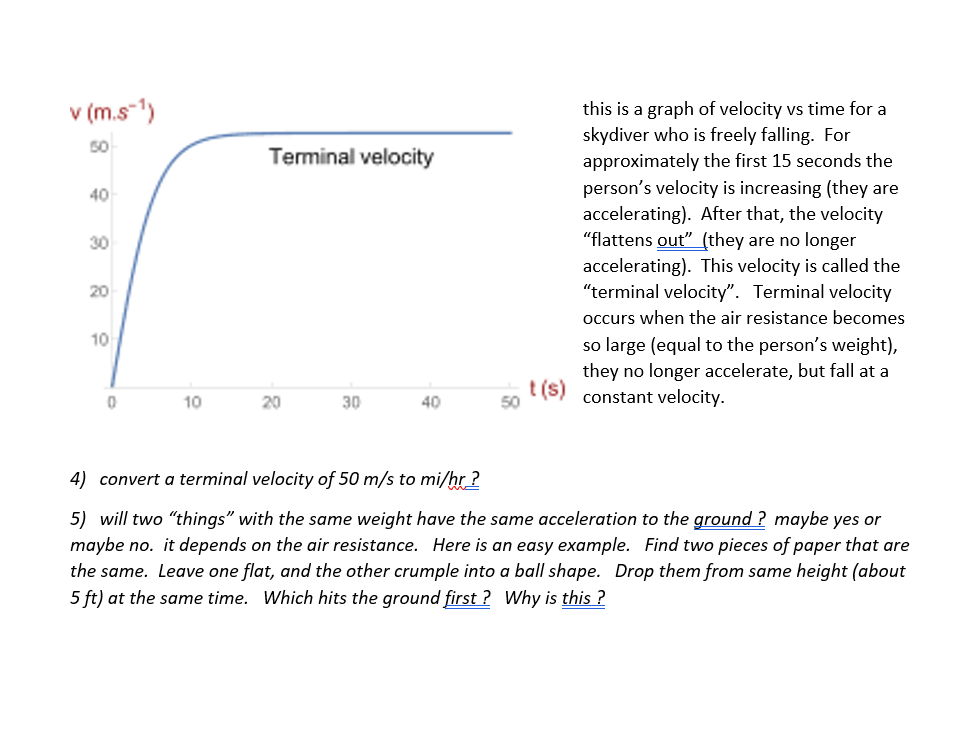 Solved v (m.s-) 50 8 Terminal velocity 40 30 this is a graph | Chegg.com