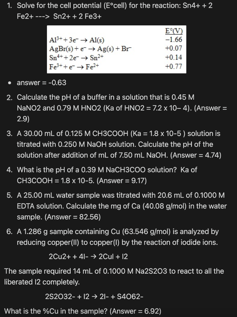 Solved 1. Solve for the cell potential ( E∘cell) for the | Chegg.com