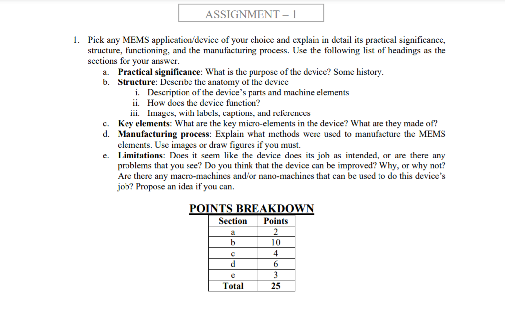 Solved ASSIGNMENT - 1 a. 1. Pick any MEMS application/device | Chegg.com