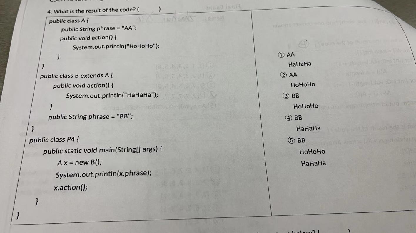 Solved 4. What is the result of the code? ( ) public class A | Chegg.com