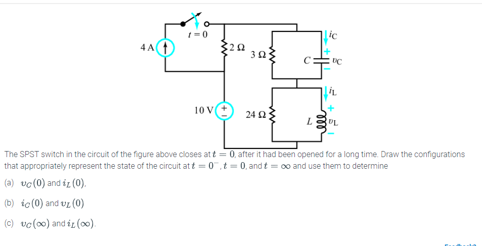 The SPST switch in the circuit of the figure above closes at \( t=0 \), after it had been opened for a Iong time. Draw the co