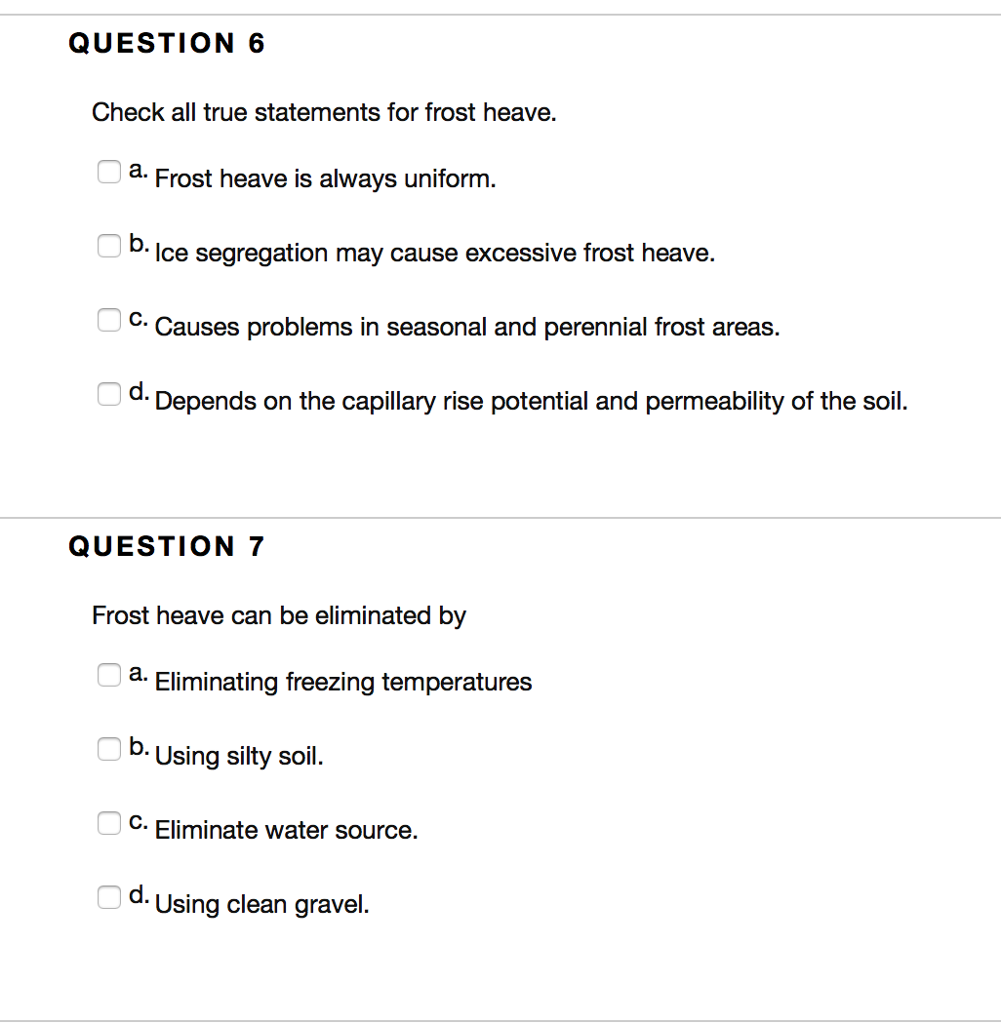 Frost Checking Statement.pdf Solved QUESTION 6 Check all true statements for frost heave. | Chegg.com