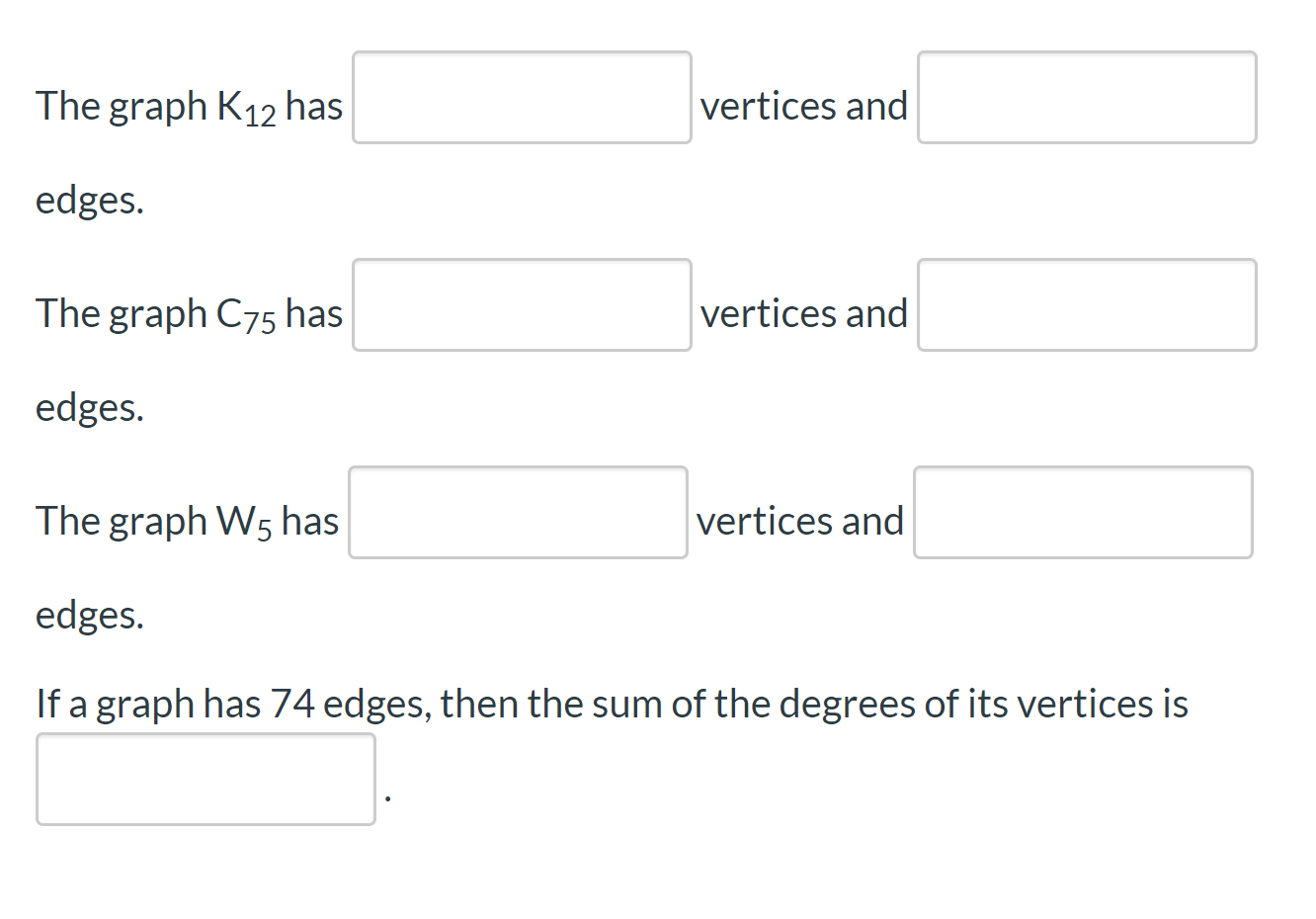 Solved The graph K12 has vertices and edges. The graph C75 | Chegg.com