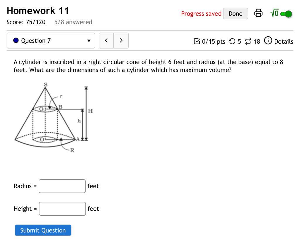 Solved A cylinder is inscribed in a right circular cone of | Chegg.com