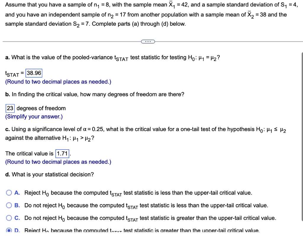 Solved Assume that you have a sample of n₁ = 8, with the | Chegg.com