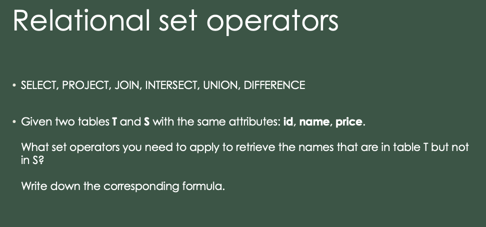 Solved Relational set operators • SELECT, PROJECT, JOIN, | Chegg.com
