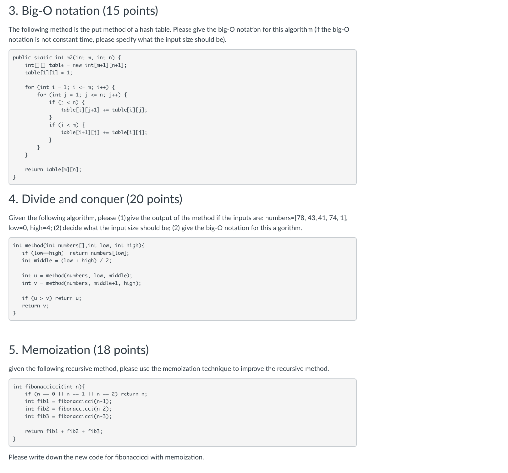 Solved 3. Big-O notation (15 points) The following method is | Chegg.com