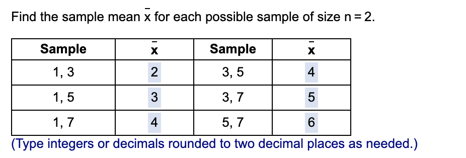 Solved Find the sample mean x for each possible sample of | Chegg.com