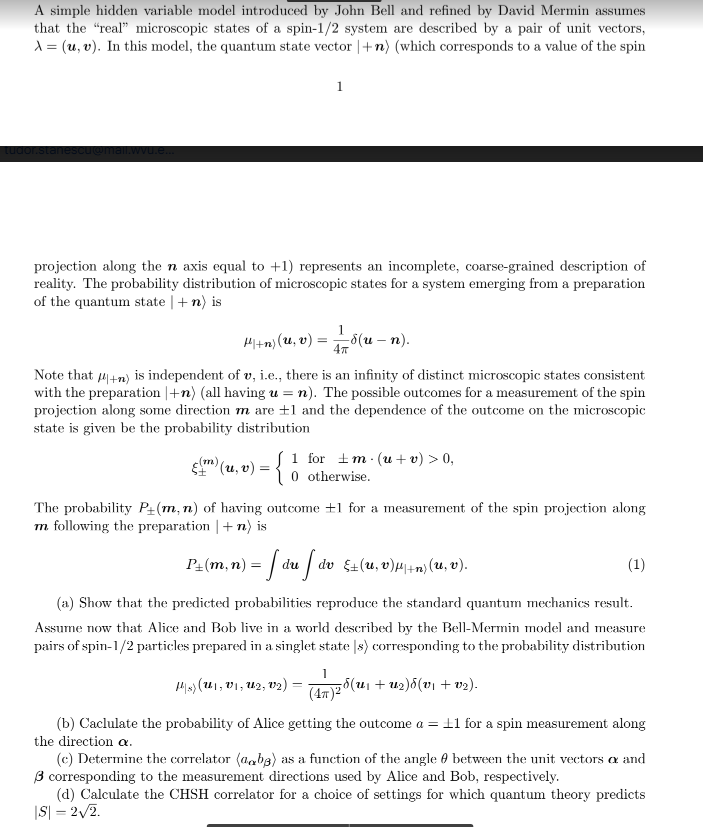 Solved A simple hidden variable model introduced by John | Chegg.com