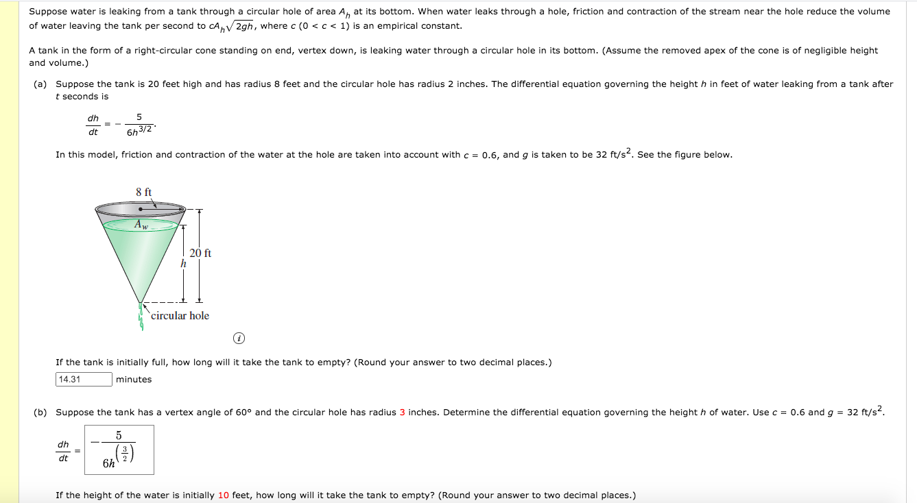 Solved Suppose Water Is Leaking From A Tank Through A Chegg Com